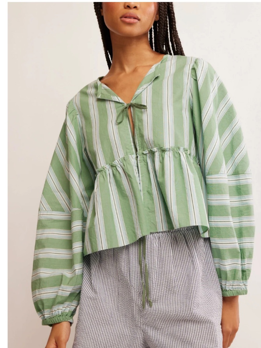 FREE PEOPLE Brunch Babe Blouse Green / White Approx. Size Medium or Small